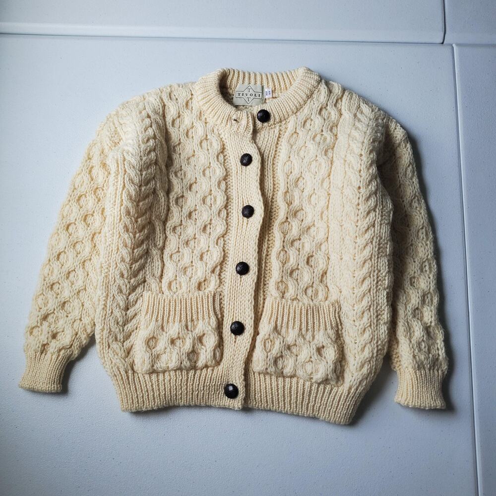 Tivoli Cardigan Sweater Kids 4T White 100% Wool Chunky Cable Knit Pockets Winter